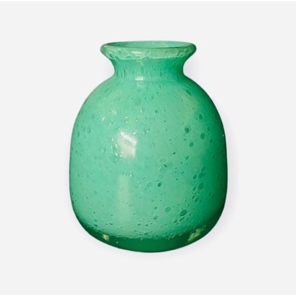 Vintage Teal Cayman Glass Bud Vase Art Deco 4.5" with Floral Arrangement 10" VG - Picture 5 of 7